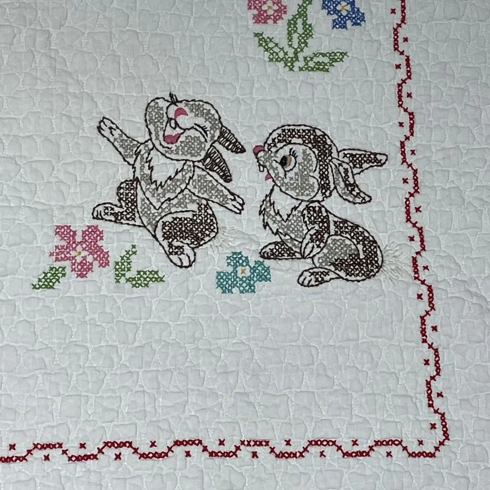 Vintage Bambi Cross Stitch Crib Quilt Handmade Thumper‎ Flower Baby 33 x 52 Inch